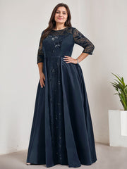 A-line Scoop Illusion Floor-Length Satin Lace Evening Dress With Sequins