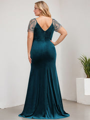 Sheath/Column V-Neck Sweep Train Velvet Evening Dress With Cascading Ruffles Beading