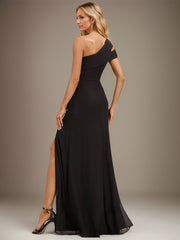 Sheath/Column Cold Shoulder One Shoulder Floor-Length Chiffon Evening Dress With Cascading Ruffles