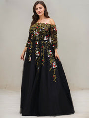 Ball-Gown/Princess Off the Shoulder Floor-Length Lace Floral Tulle Evening Dress With Beading