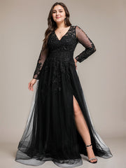 A-line V-Neck Floor-Length Tulle Prom Dresses With Sequins Appliques Lace Beading