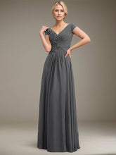 A-line V-Neck Floor-Length Chiffon Lace Mother of the Bride Dress With Sequins Beading Pleated