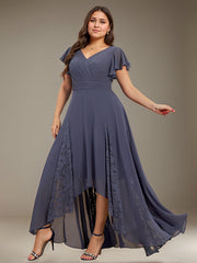 A-line V-Neck Asymmetrical Lace Chiffon Cocktail Dress With Pleated