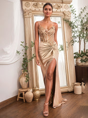 Flor Gown - Fitted Satin Gown with Embellished Bodice