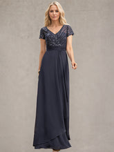 A-line V-Neck Floor-Length Chiffon Lace Mother of the Bride Dress With Beading Sequins Cascading Ruffles