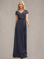 A-line V-Neck Floor-Length Chiffon Lace Mother of the Bride Dress With Beading Sequins Cascading Ruffles
