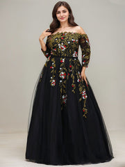 Ball-Gown/Princess Off the Shoulder Floor-Length Lace Floral Tulle Evening Dress With Beading