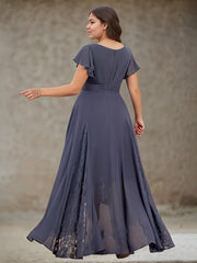 A-line V-Neck Asymmetrical Lace Chiffon Cocktail Dress With Pleated