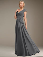 A-line V-Neck Floor-Length Chiffon Lace Mother of the Bride Dress With Sequins Beading Pleated