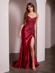 Flor Gown - Fitted Satin Gown with Embellished Bodice
