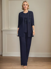 Jumpsuit/Pantsuit Separates Scoop Floor-Length Chiffon Lace Mother of the Bride Dress With Sequins