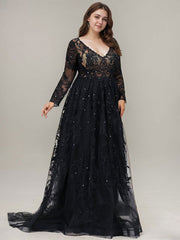 Ball-Gown/Princess V-Neck Sweep Train Tulle Lace Evening Dress With Sequins