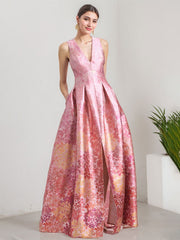 A-Line V-Neck Full-Length Satin Evening Dress