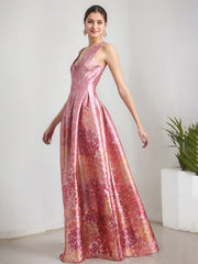 A-Line V-Neck Full-Length Satin Evening Dress