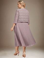 A-line Scoop Tea-Length Chiffon Mother of the Bride Dress With Pleated