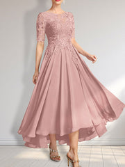 A-line Scoop Illusion Asymmetrical Chiffon Lace Mother of the Bride Dress With Sequins