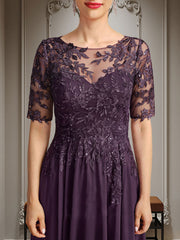 A-line Scoop Illusion Asymmetrical Chiffon Lace Mother of the Bride Dress With Sequins