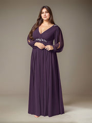 A-Line V-Neck Floor-Length Sequins Chiffon Mother of the Bride Dress