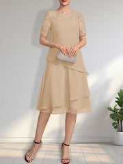A-line Scoop Illusion Knee-Length Lace Chiffon Mother of the Bride Dress With Sequins