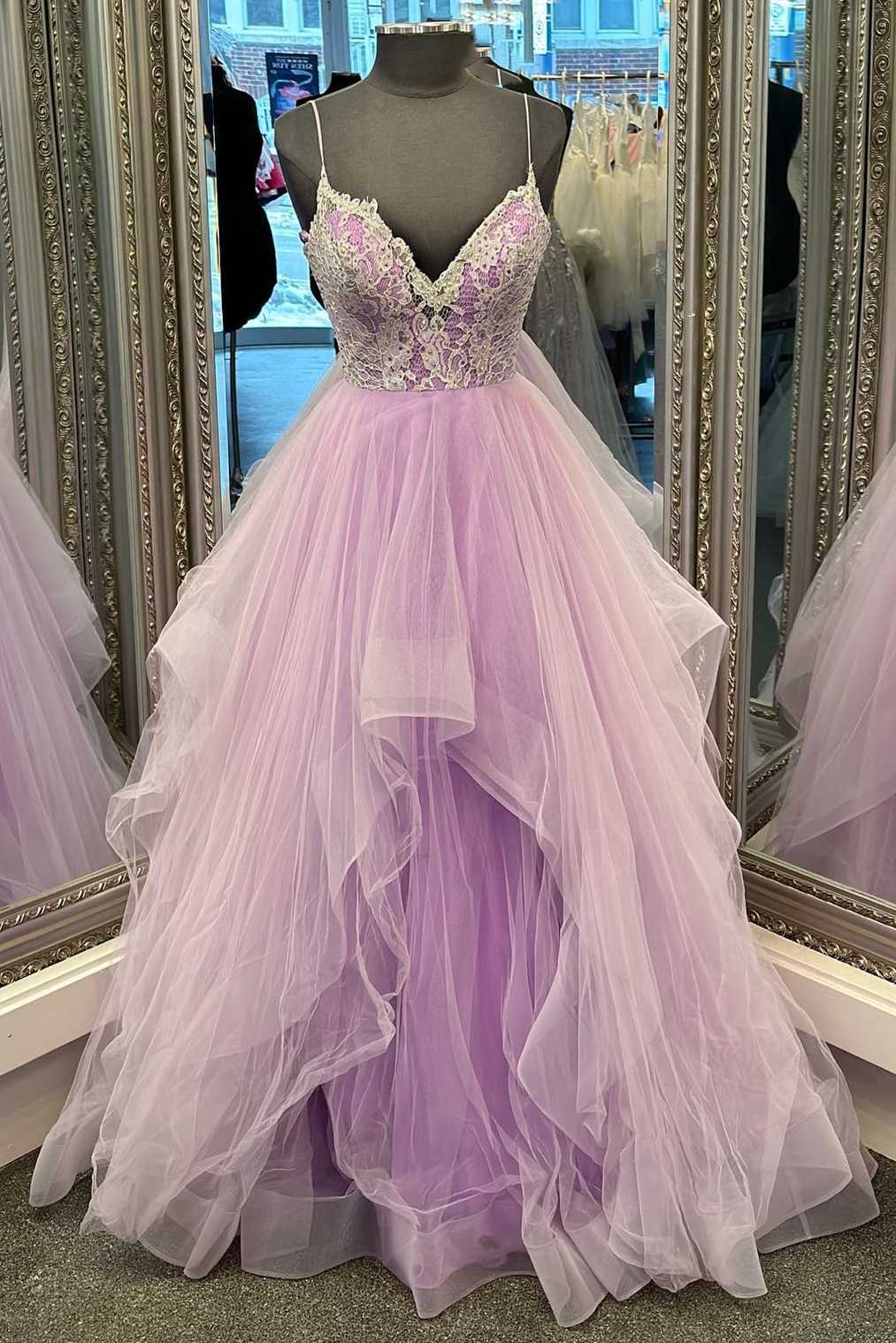 Lilac Tulle Lace V-Neck Tiered Layers A-Line Prom Dress – Sesdress
