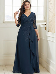A-line Collared V-Neck Floor-Length Lace Chiffon Mother of the Bride Dress With Sequins Cascading Ruffles