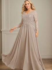 A-line V-Neck Floor-Length Lace Chiffon Mother of the Bride Dress With Sequins