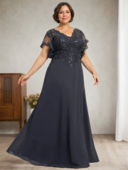 A-line V-Neck Floor-Length Lace Chiffon Mother of the Bride Dress With Sequins