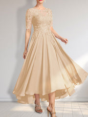 A-line Scoop Illusion Asymmetrical Chiffon Lace Mother of the Bride Dress With Sequins