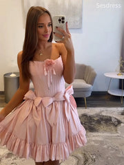 Gorgeous Rose Color 3D Flower Bow Tie Strapless A-line Short Mini Dress Homecoming Dress
