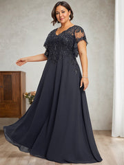 A-line V-Neck Floor-Length Lace Chiffon Mother of the Bride Dress With Sequins
