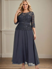 A-line Scoop Illusion Ankle-Length Chiffon Lace Mother of the Bride Dress With Rhinestone Beading