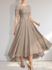 A-line Scoop Illusion Asymmetrical Chiffon Lace Mother of the Bride Dress With Sequins