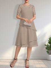 A-line Scoop Illusion Knee-Length Lace Chiffon Mother of the Bride Dress With Sequins