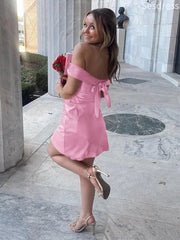 Cute Pink Bow Tie Off the Shoulder Strapless Bodycon Mini Homecoming Dress