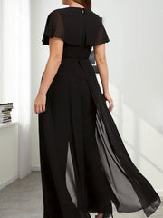 Jumpsuit/Pantsuit V-Neck Floor-Length Chiffon Evening Dress