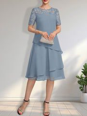 A-line Scoop Illusion Knee-Length Lace Chiffon Mother of the Bride Dress With Sequins