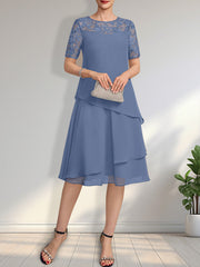 A-line Scoop Illusion Knee-Length Lace Chiffon Mother of the Bride Dress With Sequins