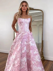 Pink Floral Prom Dresses for Teens Strapless Beads Evening Party Dress