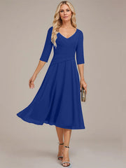 A-line V-Neck Tea-Length Chiffon Mother of the Bride Dress With Pleated