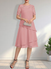 A-line Scoop Illusion Knee-Length Lace Chiffon Mother of the Bride Dress With Sequins