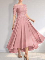 A-line Scoop Illusion Asymmetrical Chiffon Lace Mother of the Bride Dress With Sequins