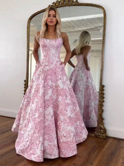 Pink Floral Prom Dresses for Teens Strapless Beads Evening Party Dress