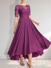 A-line Scoop Illusion Asymmetrical Chiffon Lace Mother of the Bride Dress With Sequins