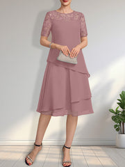 A-line Scoop Illusion Knee-Length Lace Chiffon Mother of the Bride Dress With Sequins