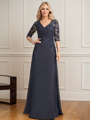 A-line V-Neck Floor-Length Lace Chiffon Mother of the Bride Dress With Pleated Sequins