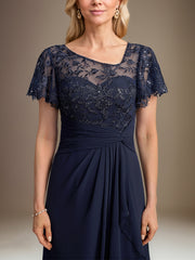 A-line Asymmetrical Illusion Floor-Length Lace Chiffon Mother of the Bride Dress With Cascading Ruffles Sequins