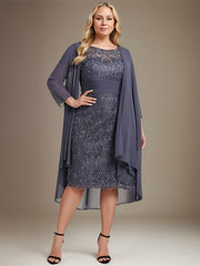 Sheath/Column Scoop Illusion Knee-Length Lace Chiffon Mother of the Bride Dress With Cascading Ruffles Sequins