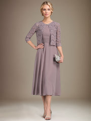 A-line Scoop Tea-Length Chiffon Mother of the Bride Dress With Pleated