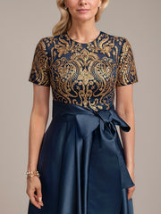 A-line Scoop Asymmetrical Satin Sequin Lace Mother of the Bride Dress With Bow