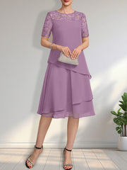 A-line Scoop Illusion Knee-Length Lace Chiffon Mother of the Bride Dress With Sequins